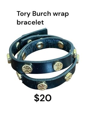 Tory Burch Black Leather Double Wrap Bracelet with Gold Logo Studs